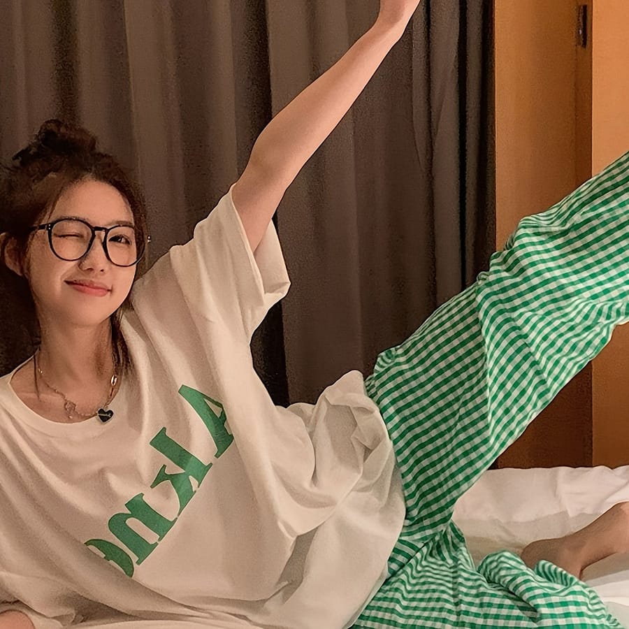 Plaid & Letter Print Loose Set, Casual Short Sleeve Round Neck Top & Pants, Women’s Loungewear Clothing Shop Online at Dubai Trades 2