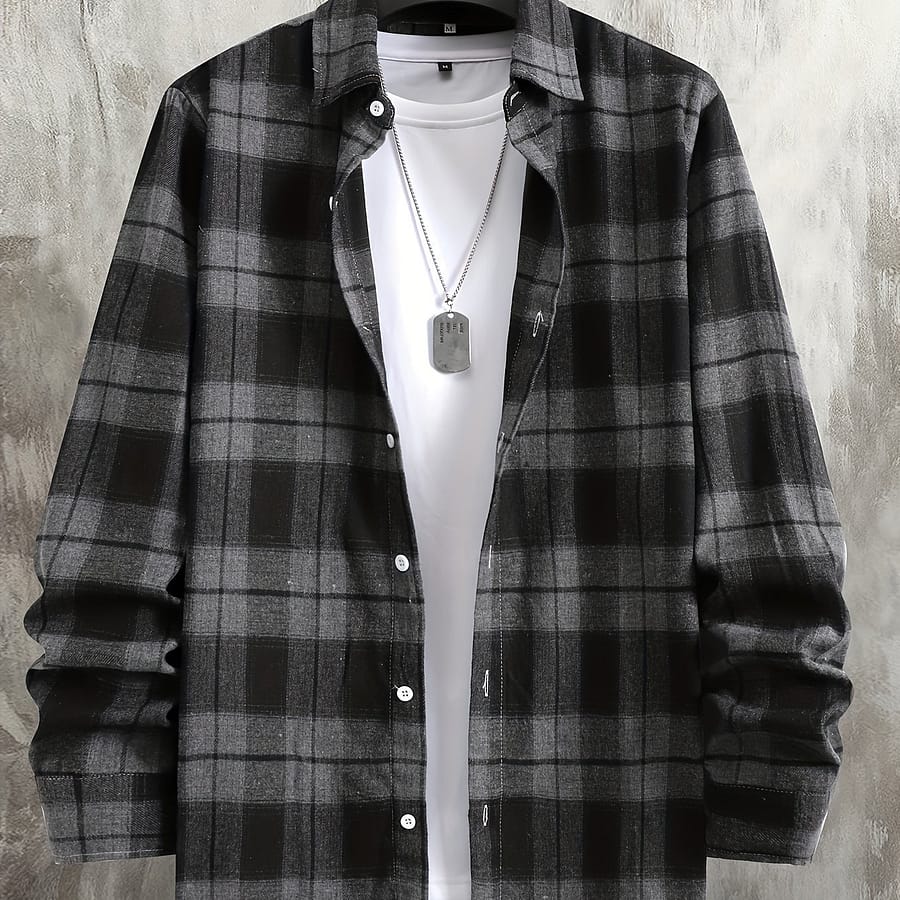 Plaid Long Sleeve Shirt – Polyester, Machine Washable, Non-stretch Fabric, Lapel Collar – Versatile For Casual Button-Down Shirts Shop Online at Dubai Trades 2