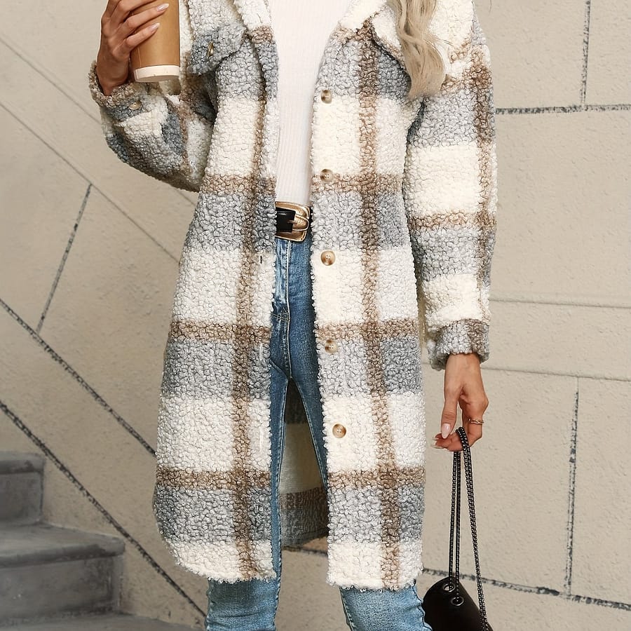 Plaid Pattern Button Front Fuzzy Jacket, Casual Thermal Long Sleeve Long Length Collar Coat For Fall & Winter, Women’s Clothing Casual Jackets Shop Online at Dubai Trades 2