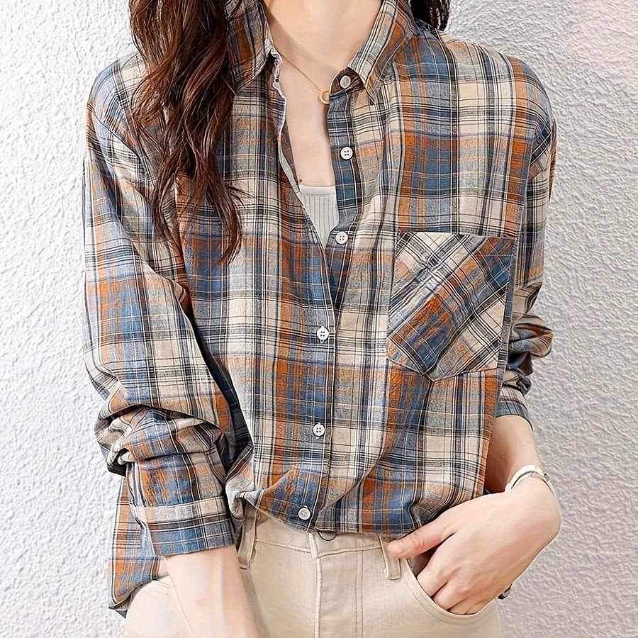 Plaid Pattern Button Front Shirt, Elegant Long Sleeve Lapel Collar Shirt, Women’s Clothing Blouses Shop Online at Dubai Trades 2
