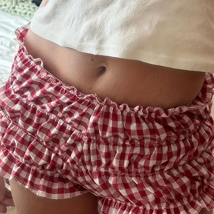 Plaid Pattern Lettuce Trim Shorts, Y2k Waist Mini Shorts For , Women’s Clothing Clothing Shop Online at Dubai Trades 2
