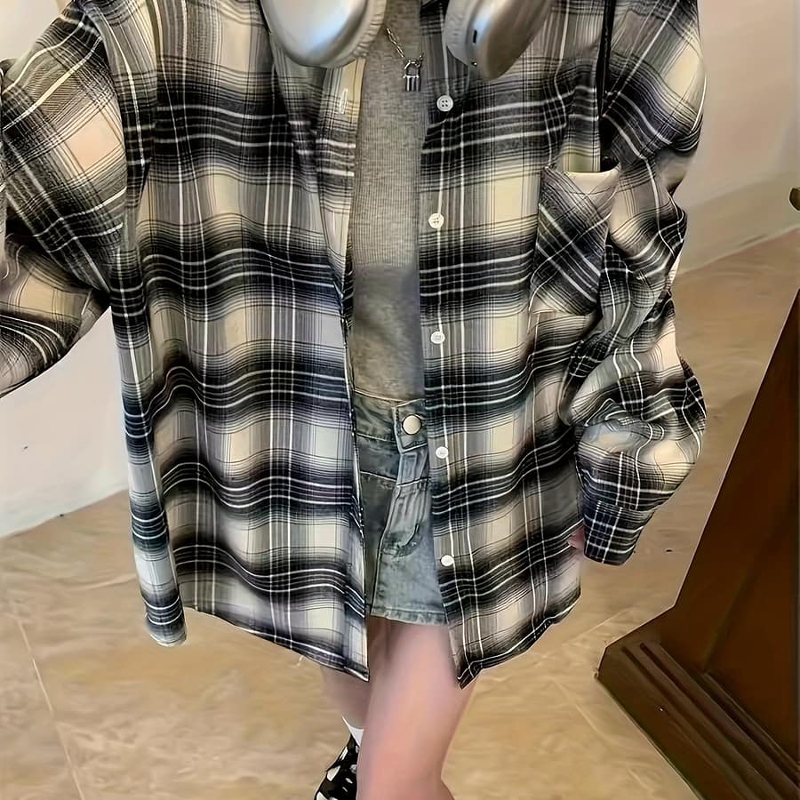 Plaid Print Collar Button Shirt, Casual Pocket Long Sleeve Shirt For Spring & Fall, Women’s Clothing Blouses Shop Online at Dubai Trades 2