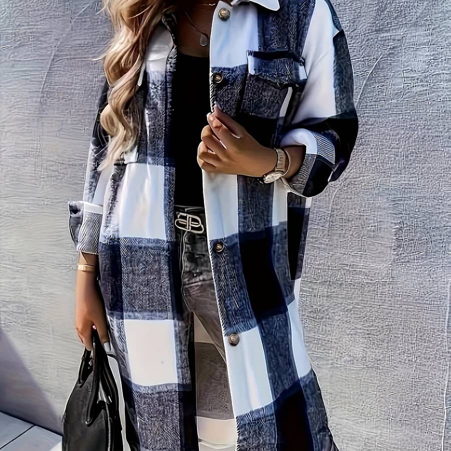 Plaid Print Long Length Jacket, Casual Button Front Flap Pockets Outwear, Women’s Clothing Clothing Shop Online at Dubai Trades 2