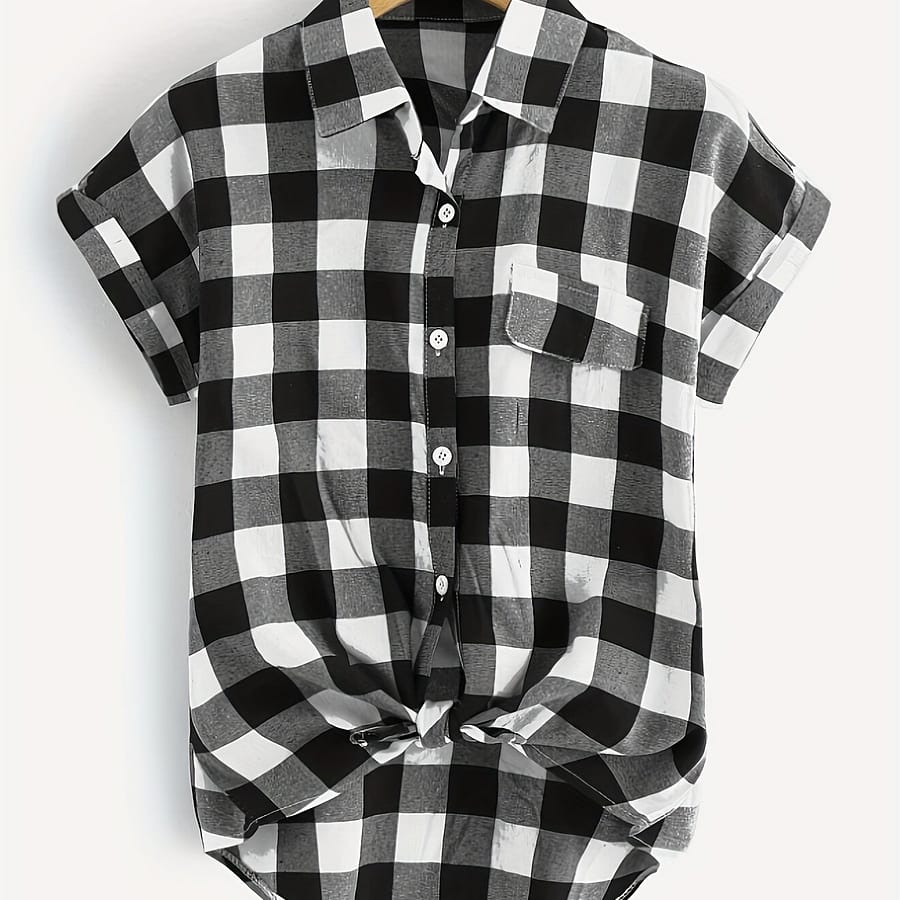 Plaid Print Single-breasted Blouse, Casual Collared Knot Front Short Sleeve Blouse For , Women’s Clothing Blouses Shop Online at Dubai Trades 2