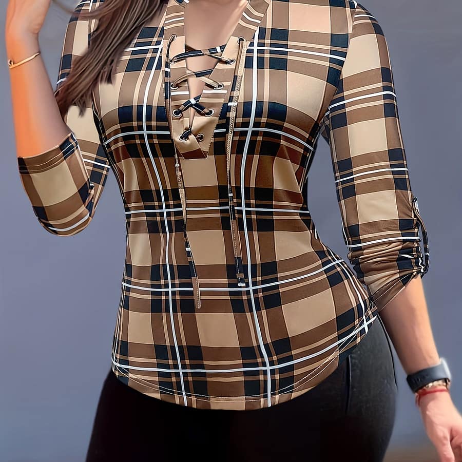 Plaid Print Tie Front Blouse, Casual Long Sleeve Blouse For Spring & Fall, Women’s Clothing Blouses Shop Online at Dubai Trades 2