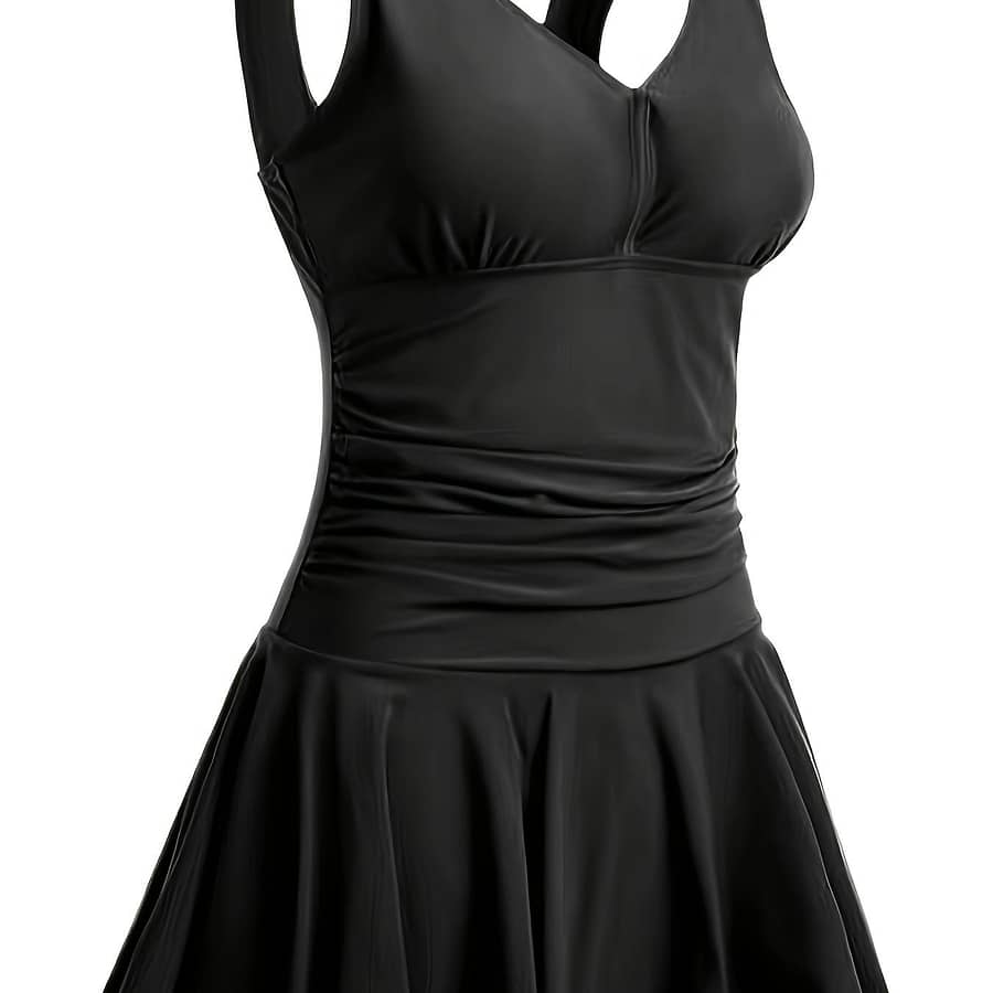 Plain Ruched V Neck Briefs One-piece Swimsuit, Retro High Stretch Flattering Swim Dress Bathing Suits, Women’s Swimwear & Clothing Clothing Shop Online at Dubai Trades 2