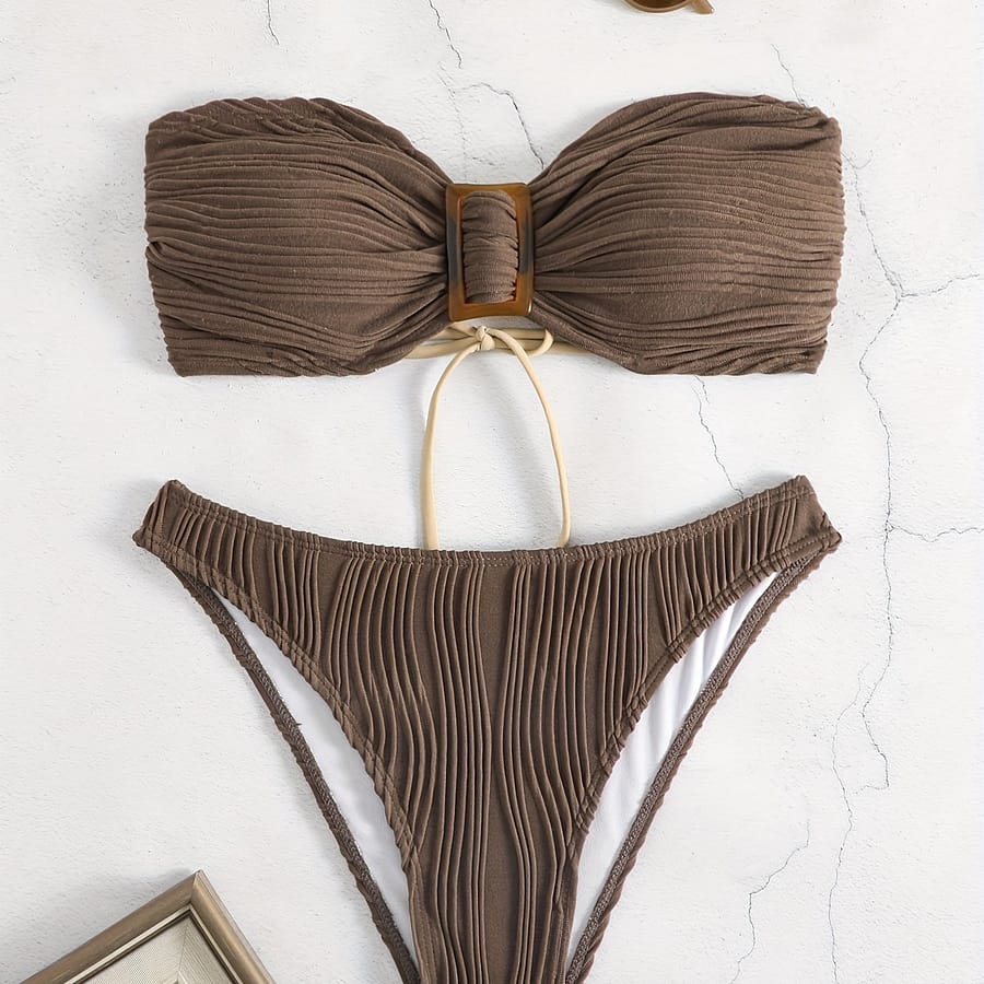 Plain Striped Textured 2 Piece Set Bikini, Tube Buckle High Cut Swimsuits, Women’s Swimwear & Clothing Bikinis Shop Online at Dubai Trades 2