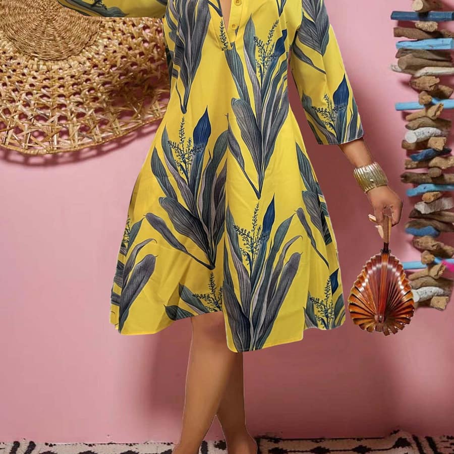 Plant Print Button Front Dress, Casual Long Sleeve Midi Dress, Women’s Clothing Clothing Shop Online at Dubai Trades 2