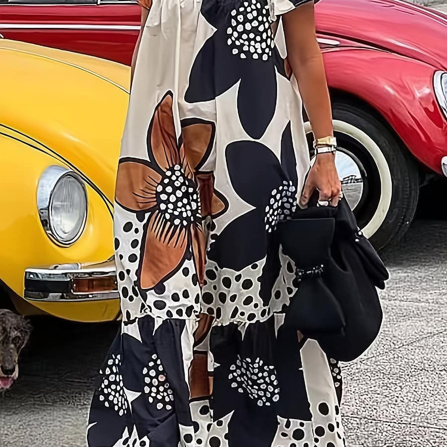 Plus Size Boho Dress, Women’s Plus Floral Print Ruffle Trim Off Shoulder Cap Sleeve Maxi Dress Clothing Shop Online at Dubai Trades 2