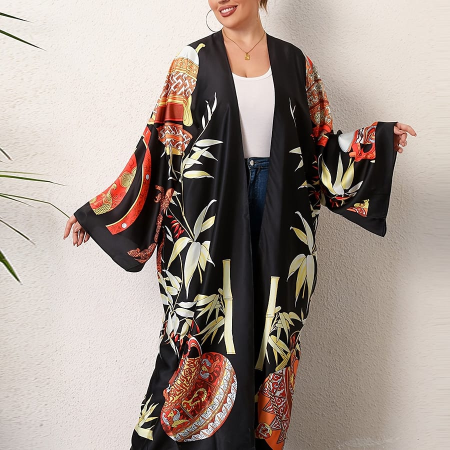 Plus Size Boho Kimono, Women’s Plus Tribal Print Long Sleeve Open Front Slight Stretch Beachwear Cover Up Clothing Shop Online at Dubai Trades 2