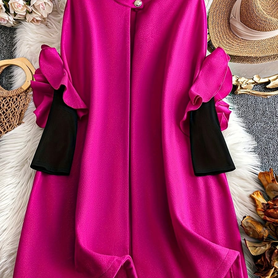 Plus Size Button Stand Collar Coat, Elegant And Stylish Ruffle Sleeve Coat For Fall & Winter, Women’s Plus Size Clothing Clothing Shop Online at Dubai Trades 2