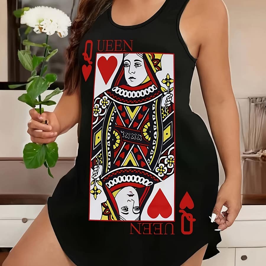 Plus Size Card Print Dress, Casual Curved Hem Sleeveless Dress For , Women’s Plus Size Clothing Clothing Shop Online at Dubai Trades 2
