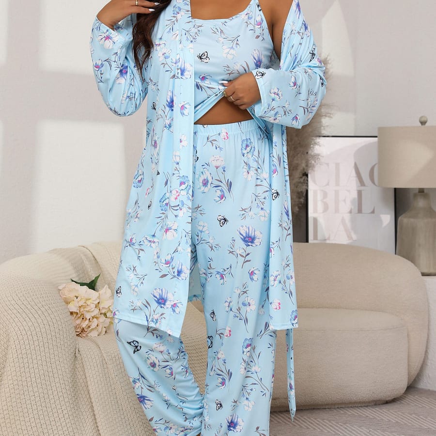 Plus Size Casual Pajama Set, Women’s Floral & Print Long Sleeve Belted Robe & Cami Top & Pants Lounge 3 Piece Set For Fall & Winter Clothing, Shoes & Jewelry Shop Online at Dubai Trades 2