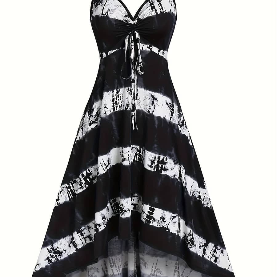 Plus Size Casual Summer Dress, Women’s Plus Tie Dye Drawstring V Neck Asymmetrical Hem High Stretch A-line Cami Dress Clothing Shop Online at Dubai Trades 2