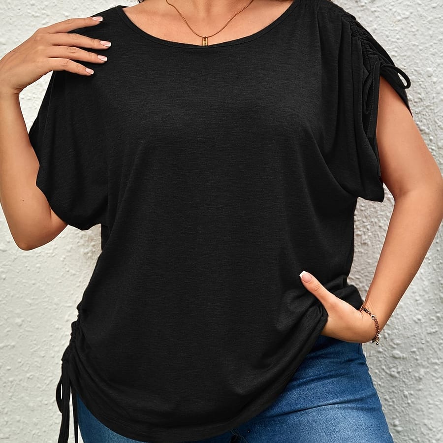 Plus Size Casual T-shirt, Women’s Plus Solid Drawstring Ruched Short Sleeve Round Neck Slight Stretch T-shirt Clothing Shop Online at Dubai Trades 2