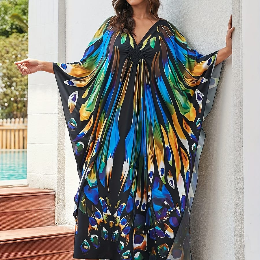 Plus Size Cover Up, Women’s Print Chinese Knot Braided V Neck Maxi Loose Fit Beach Kaftan Dress Clothing Shop Online at Dubai Trades 2