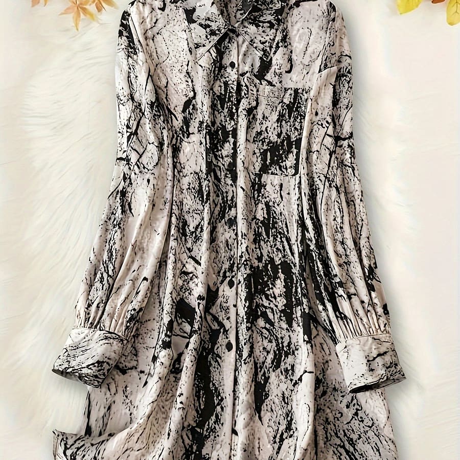 Plus Size Elegant Blouse, Women’s Plus Marble Print Long Sleeve Button Up Lapel Collar Tunic Shirt Top Clothing Shop Online at Dubai Trades 2