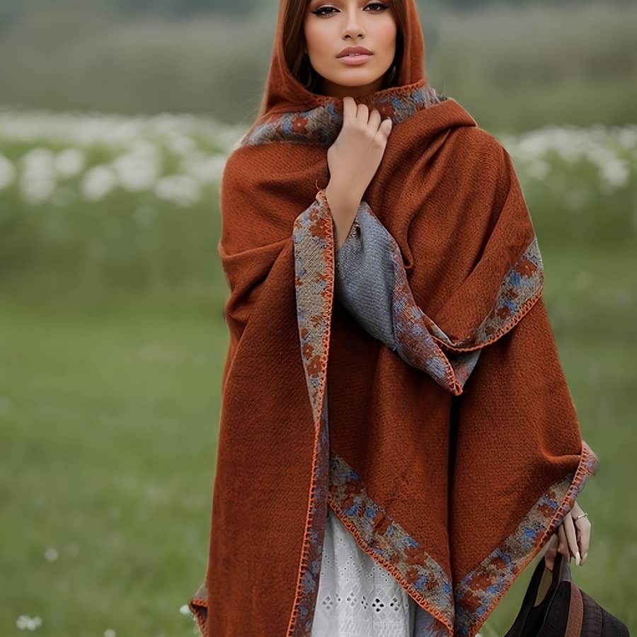Plus Size Ethnic Pattern Hooded Shawl Top, Elegant Warm Open Front Cover For Winter & Fall, Women’s Plus Size Clothing Clothing Shop Online at Dubai Trades 2