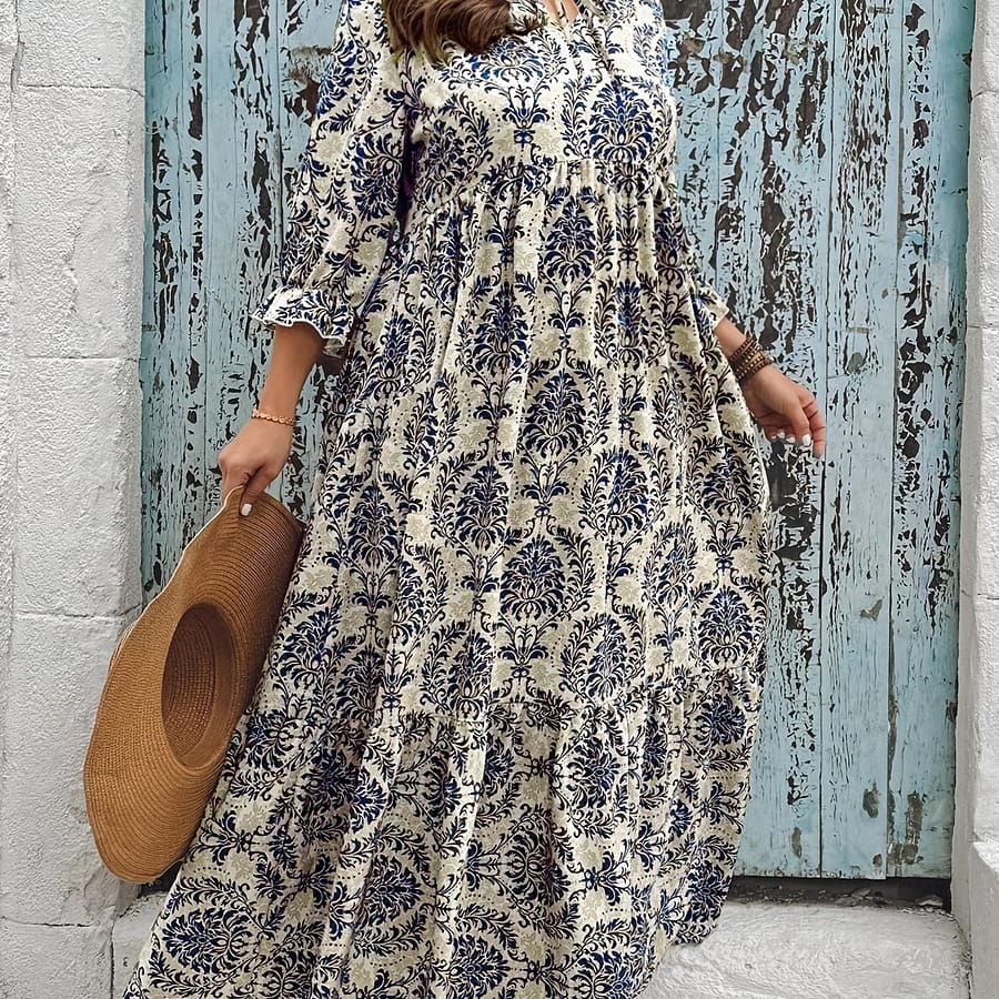 Plus Size Ethnic Print Loose Longline Dress, Boho 3/4 Sleeve Tie Neck Dress For Spring & Fall, Women’s Plus Size Clothing Clothing Shop Online at Dubai Trades 2
