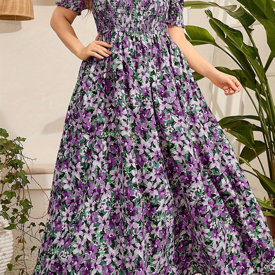 Plus Size Floral Print Cinched Waist Dress, Vacation Short Sleeve Shirred Maxi Dress For , Women’s Plus Size Clothing Clothing Shop Online at Dubai Trades 2