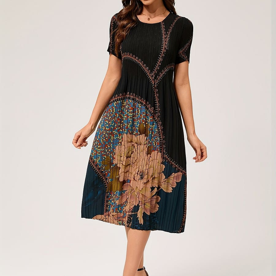 Plus Size Floral Print Dress, Elegant Pleated Short Sleeve Crew Neck Midi Dress For , Women’s Plus Size clothing Clothing Shop Online at Dubai Trades 2