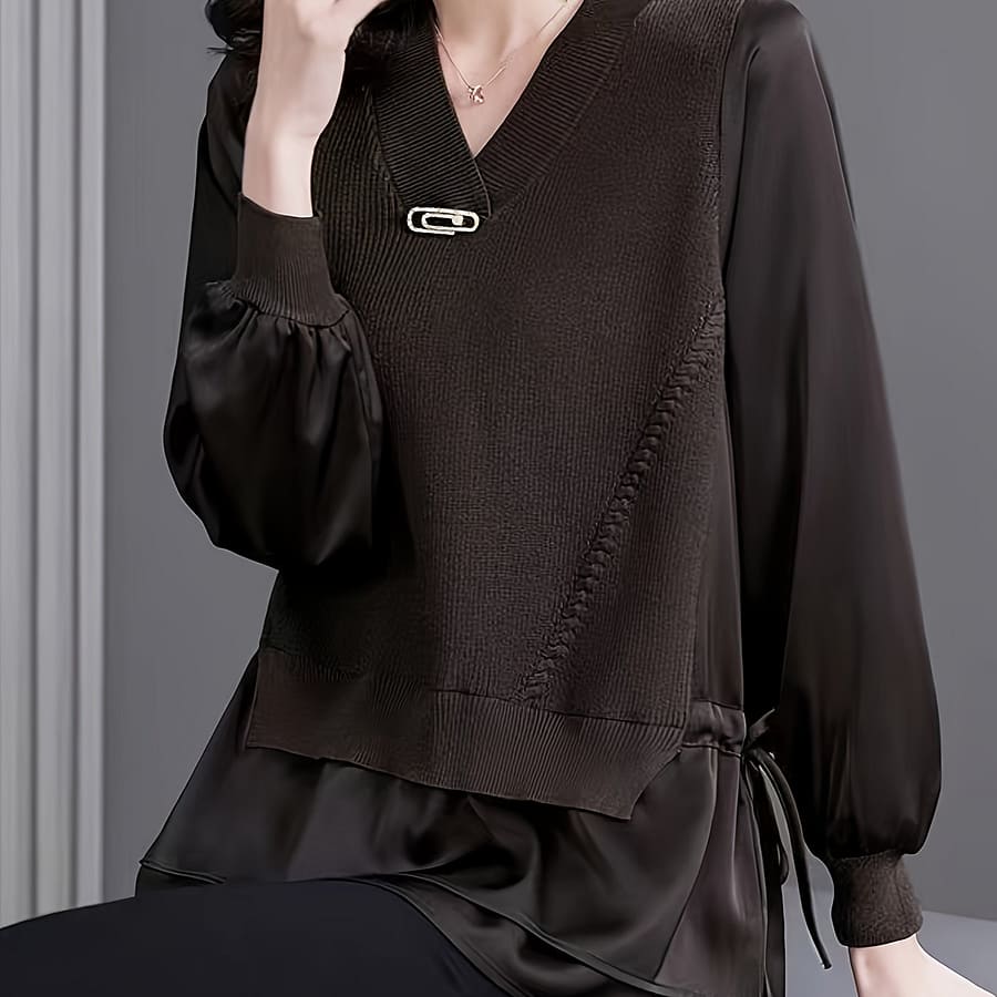 Plus Size Knit Sweater Top – Elegant V-neck Long Sleeve Asymmetrical Hem Pullover, Knit Fabric For Spring/fall Layering, ‘s Fashion, Semiformal Attire | Stylish Button Detail | Clothing Shop Online at Dubai Trades 2