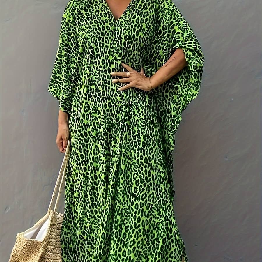 Plus Size Leopard Print Neck Split Side Batwing Sleeve Loose Fit Up Kaftan Dress, Women’s Swimwear & Clothing Clothing Shop Online at Dubai Trades 2