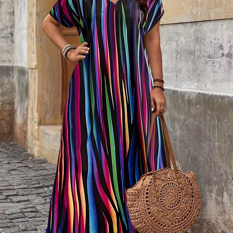 Plus Size Print V Neck Loose Dress, Casual Short Sleeve Dress For , Women’s Plus Size Clothing Clothing Shop Online at Dubai Trades 2