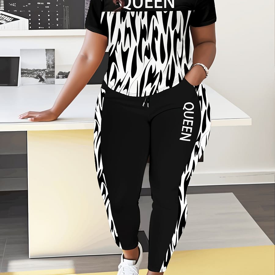 Plus Size Queen Letter Print Two-piece Set, Crew Neck Short Sleeve Top & Pants Outfits, Women’s Plus Size clothing Clothing Shop Online at Dubai Trades 2