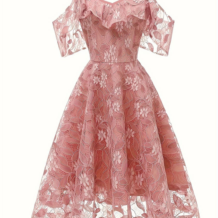 Plus Size Solid Floral Lace Stitching Cold Shoulder Dress, Elegant Backless Ruffle Trim Swing Dress For , Women’s Plus Size Clothing Clothing Shop Online at Dubai Trades 2
