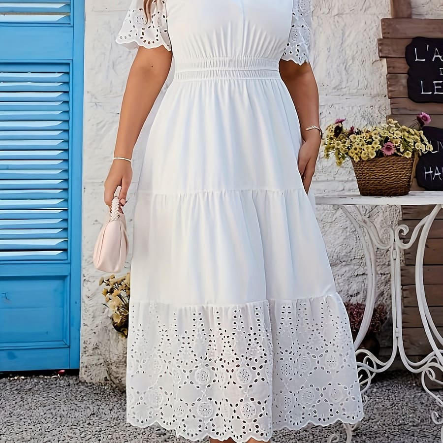 Plus Size Solid Notch Neck Dress, Elegant Hollow Out Short Sleeve Maxi Dress For , Women’s Plus Size Clothing Clothing Shop Online at Dubai Trades 2