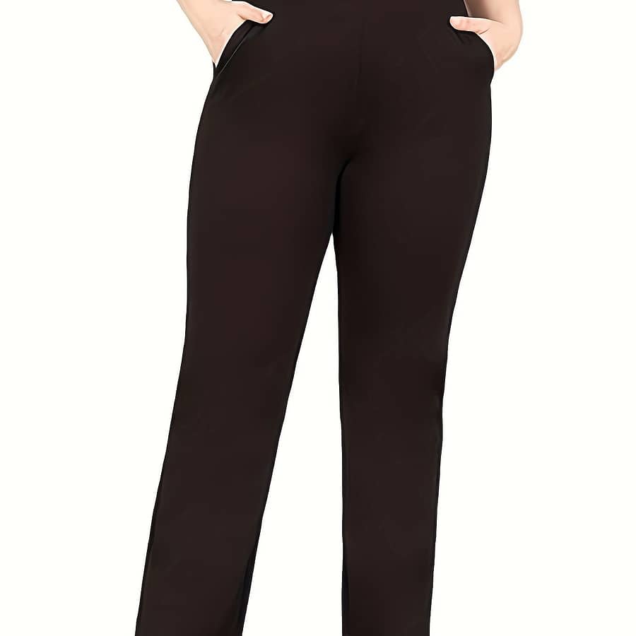 Plus Size Solid Pocket Straight Leg Pants, Casual High Waist Pants For Spring & Fall, Women’s Plus Size Clothing Clothing Shop Online at Dubai Trades 2