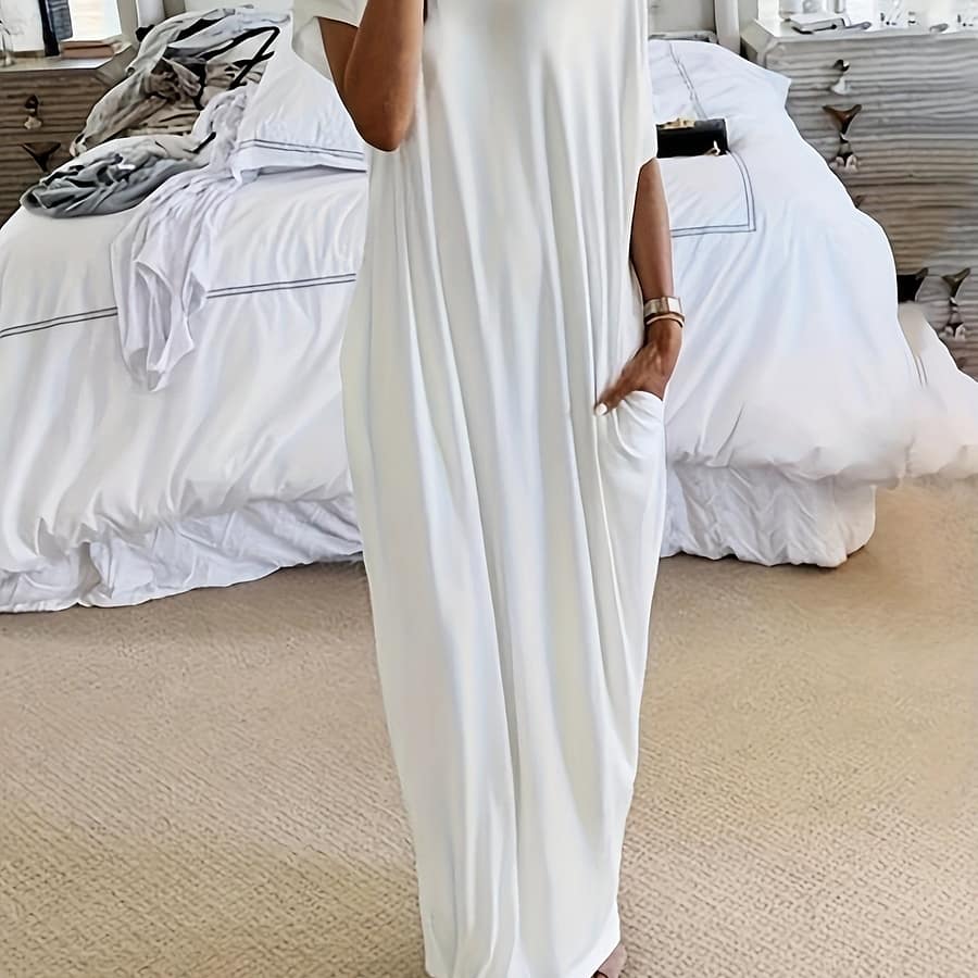 Plus Size Solid Slant Shoulder Pocket Dress, Short Sleeve Long Length Dress For , Women’s Plus Size Clothing Clothing Shop Online at Dubai Trades 2