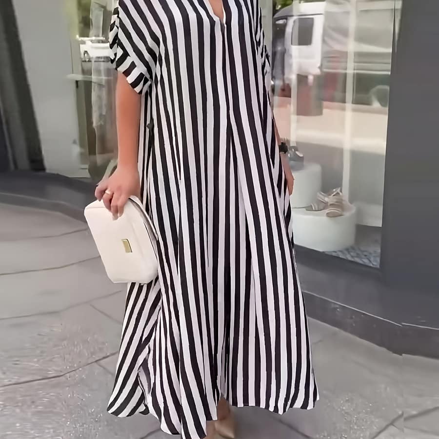 Plus Size Striped Split Longline Dress, Elegant Short Sleeve Notched Neck Dress For , Women’s Plus Size Clothing Clothing Shop Online at Dubai Trades 2