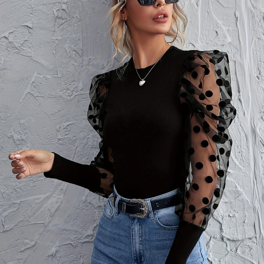 Polka-dot Long Illusion Sleeve Top, Elegant Crew Neck Slim Top For Spring & Fall, Women’s Clothing Clothing Shop Online at Dubai Trades 2