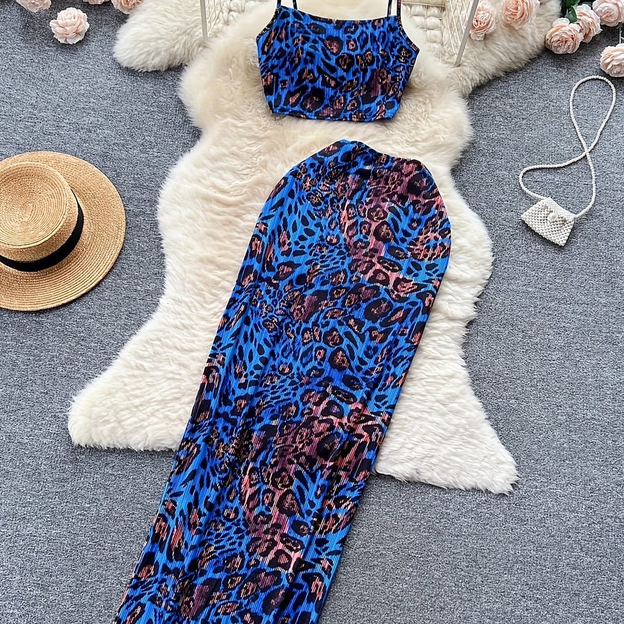 Popular Women’s Outfit Featuring A Stylish Printed Leopard Pattern, Sleeveless Two-piece Set With A Sexy Cropped Top And Skirt. Clothing Shop Online at Dubai Trades 2