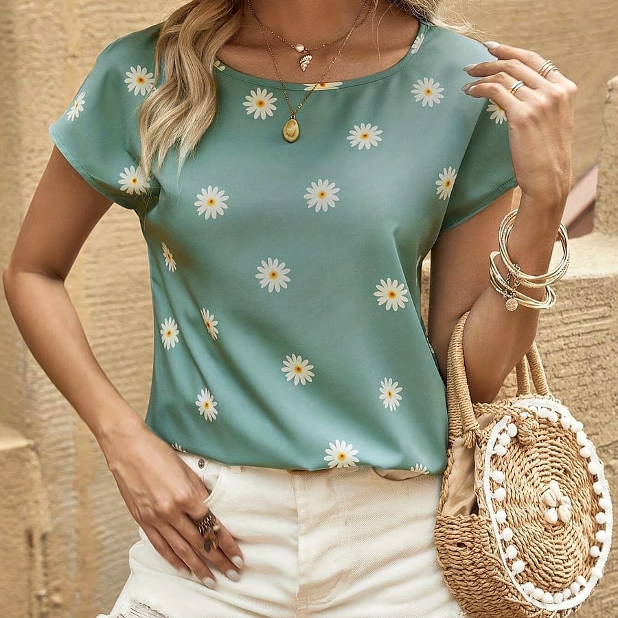 Print Blouse With Batwing Sleeves – Lightweight Polyester, Round Neck, Non-stretch, Machine Washable – Summer Blouses Shop Online at Dubai Trades 2