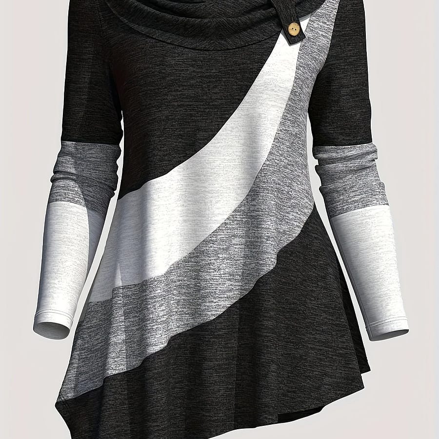 Print Button Decor T-shirt, Casual Color Long Sleeve Asymmetrical T-shirt For Spring & Fall, Women’s Clothing Clothing Shop Online at Dubai Trades 2