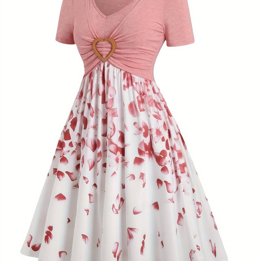 Print Heart Ring A-line Dress V-neck Short Sleeve Dress, Clothing Shop Online at Dubai Trades 2