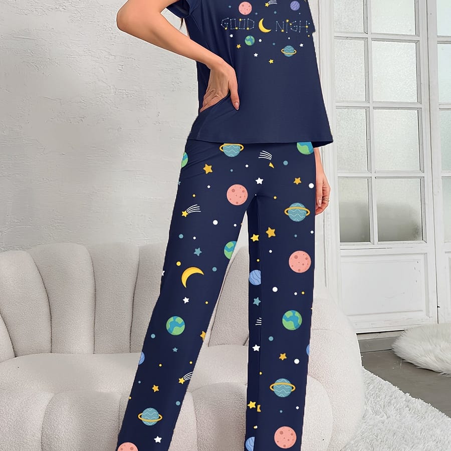 Print Pajama Set, Short Sleeve Round Neck Top & Pants, Women’s Sleepwear Clothing Shop Online at Dubai Trades 2