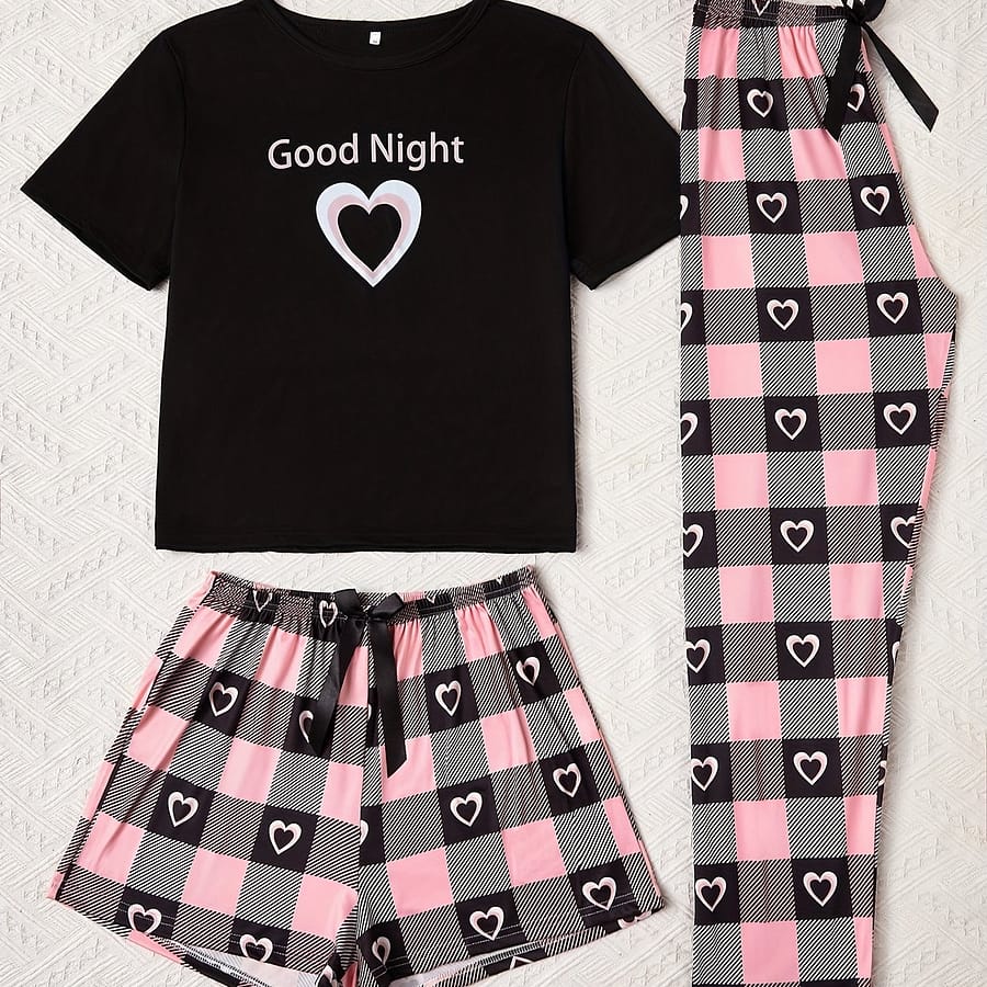 Print Slogan Pattern Black Short Sleeve Top + Plaid Love Shorts + Plaid And Love Long Pants With Bow Decoration Waistband 3pcs Pajama Casual Set Clothing Shop Online at Dubai Trades 2