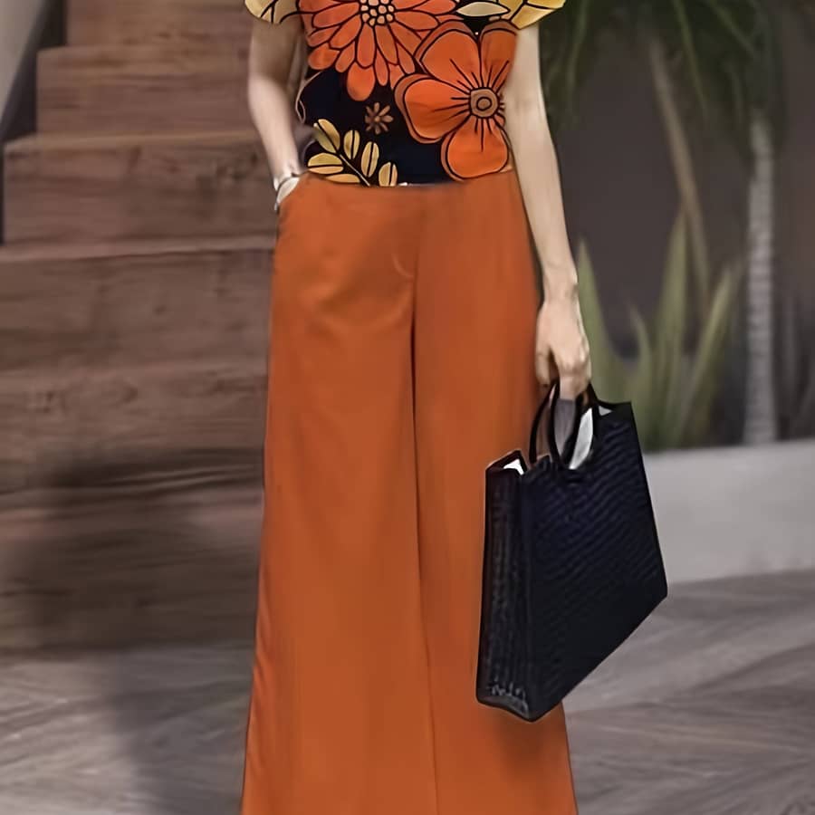 Print Two-piece Set For Women – Crew Neck Top & Wide-leg Pants, Machine Washable, Spring/summer Collection Clothing Shop Online at Dubai Trades 2