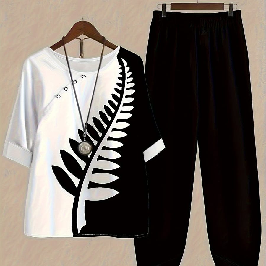 Print Women’s Outfit – Casual Short Sleeve Tee & Loose-fit Pants Set, Machine Washable, Spring/summer Collection Clothing Shop Online at Dubai Trades 2