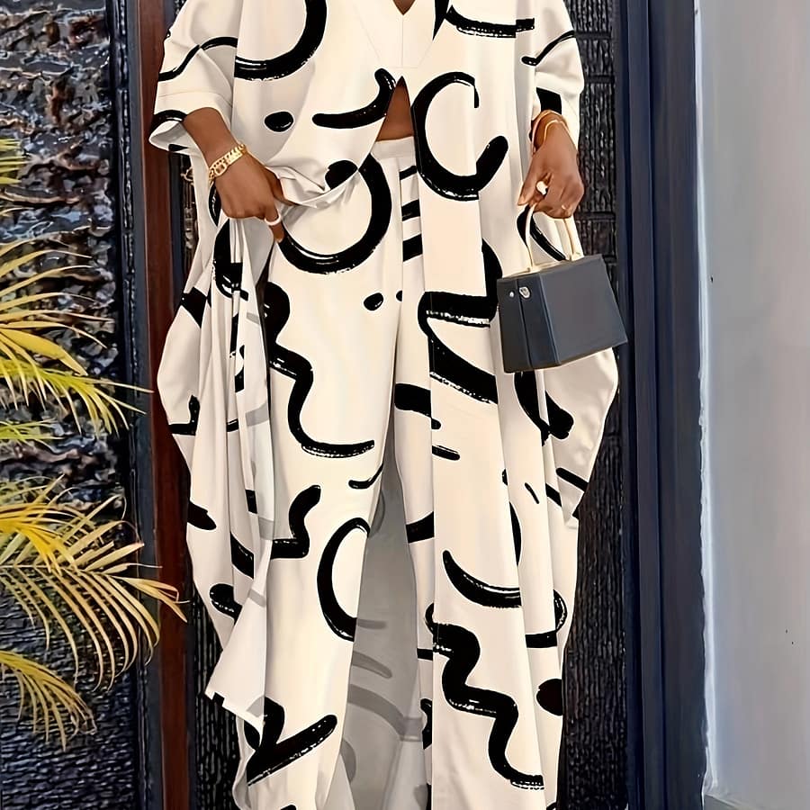 Printed Women’ Suit With Fashion V-neck Loose -eighth Sleeve Long Dress And Pants Clothing Shop Online at Dubai Trades 2