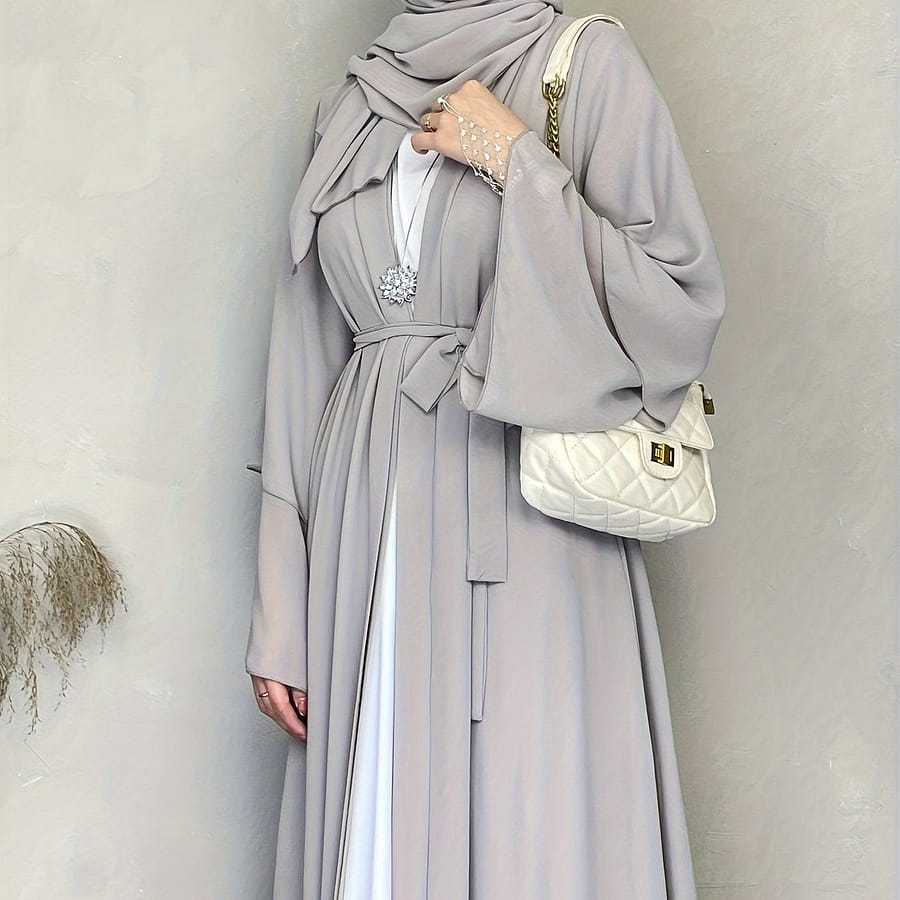 Ramadan Solid Tie Waist Modest Dress, Elegant Layered Hem Maxi Length Dress, Women’s Clothing Abayas Shop Online at Dubai Trades 2