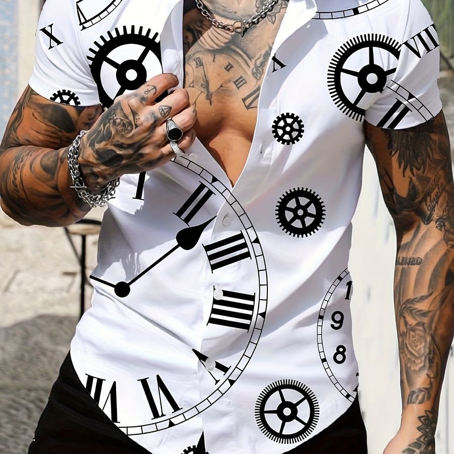 Retro Clocks Random Print Men’s All- Short Sleeve Lapel Shirt, Top Casual Button-Down Shirts Shop Online at Dubai Trades 2