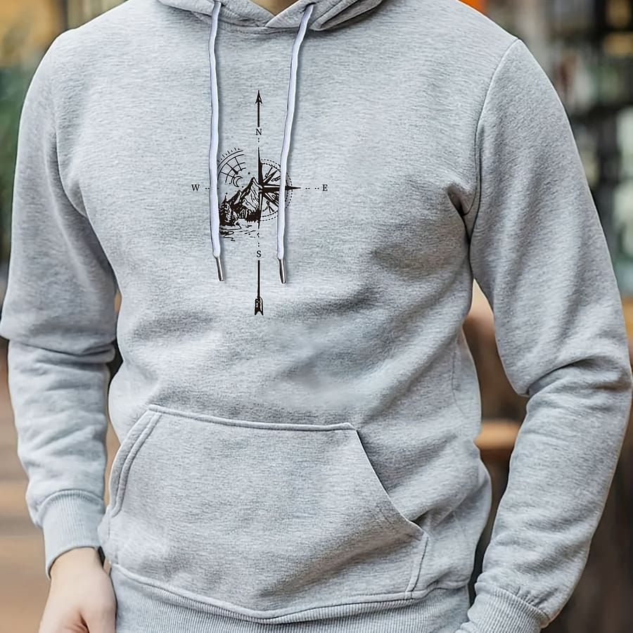Retro Compass Print Hoodie, Cool Hoodies For Men, Men’s Casual Graphic Design Pullover Hooded Sweatshirt With Kangaroo Pocket Streetwear For Winter Fall, As Gifts Active Shop Online at Dubai Trades 2