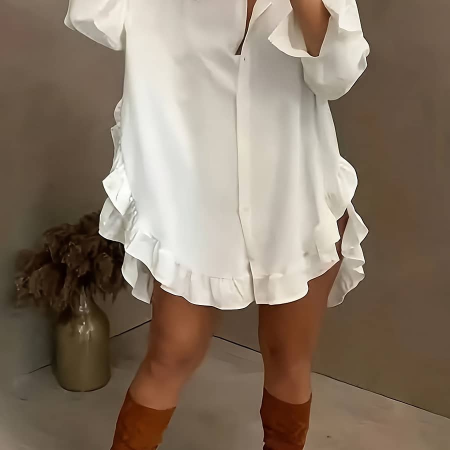Ruffle Hem Button Front Blouse, Stylish Long Sleeve Oversized Blouse For Spring & Fall, Women’s Clothing Blouses Shop Online at Dubai Trades 2