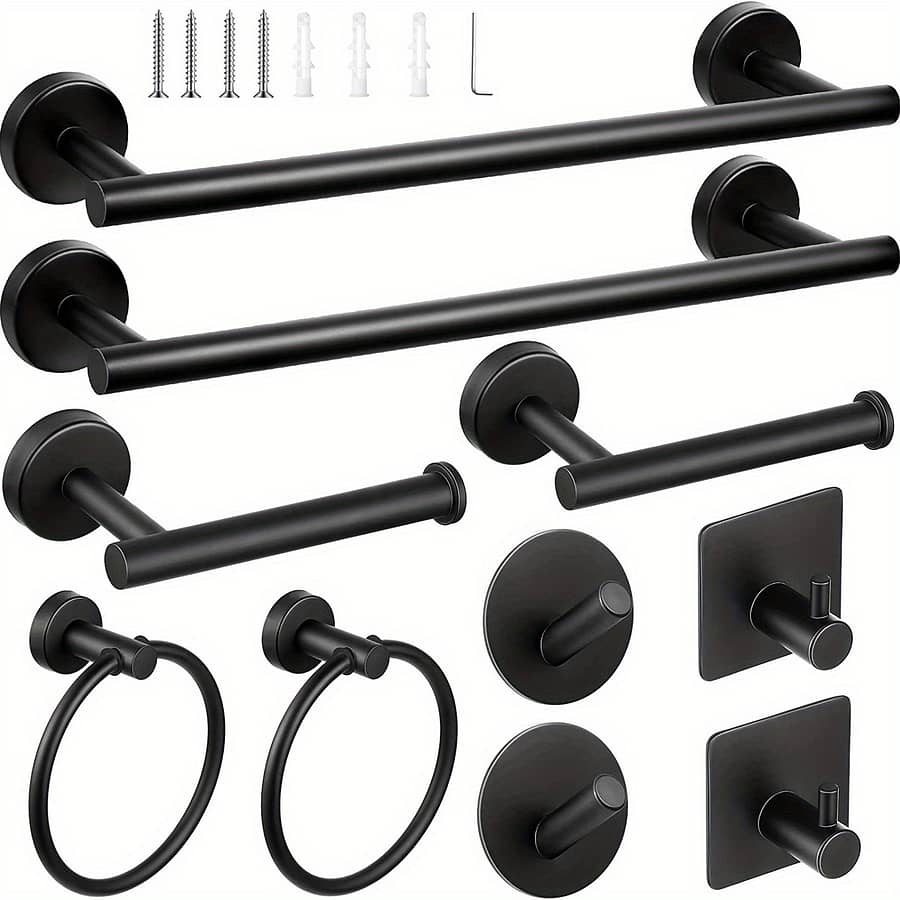 Set Of 10pcs Stainless Steel Towel Bars For Bathroom, Including Towel Rack, Towel Ring, Toilet Paper Holder, And Hooks, In American Style Black And Silvery Colors. Bathroom Fixture Hardware Parts Shop Online at Dubai Trades 2