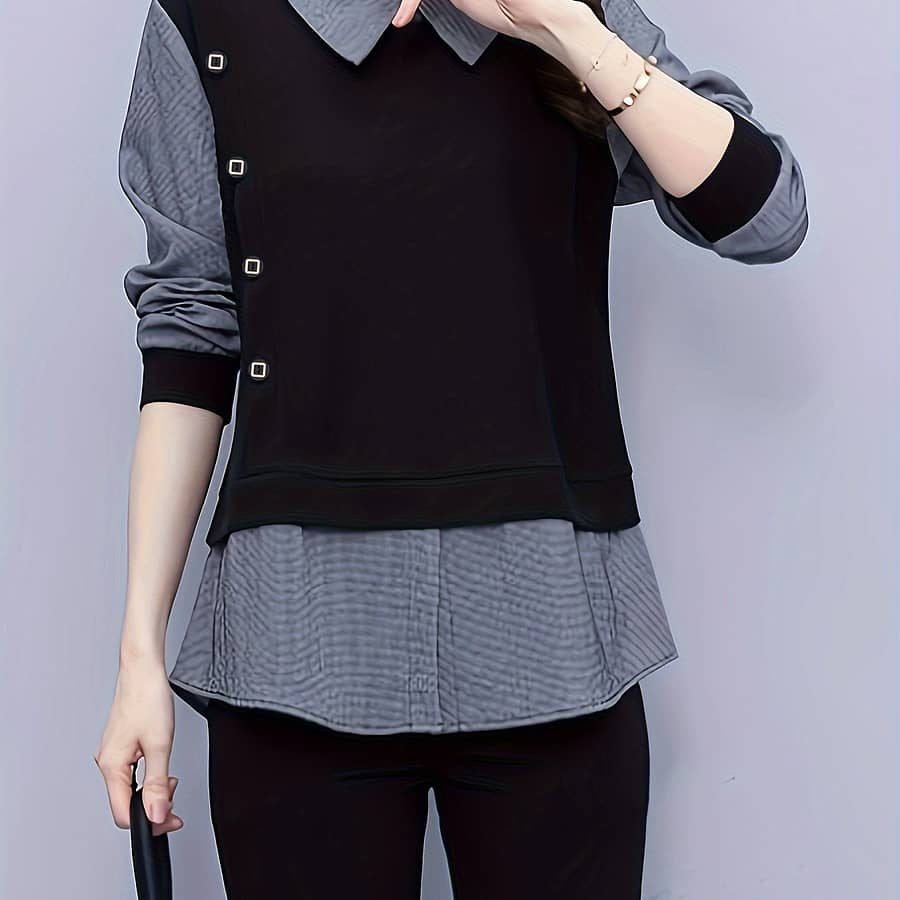 Shirt Fake Two-piece Set Women’s Long-sleeved Spring And Autumn New Shirt Korean Style Loose Color-matching Belly Covering Top Blouses Shop Online at Dubai Trades 2